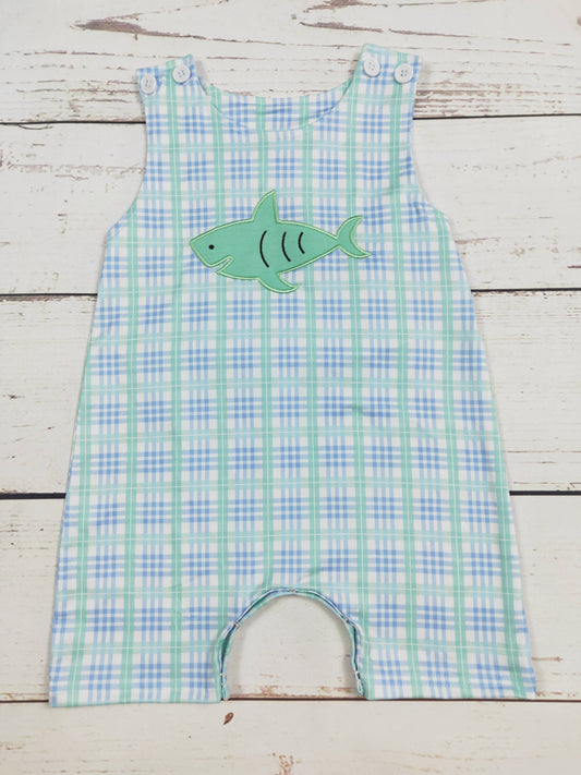 Baby Boy Shark Appliqué Checkered  Romper