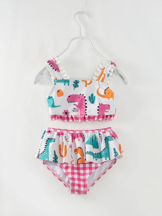 Spring 2024 Pink Plaid Dinosaur Girl Swimsuit